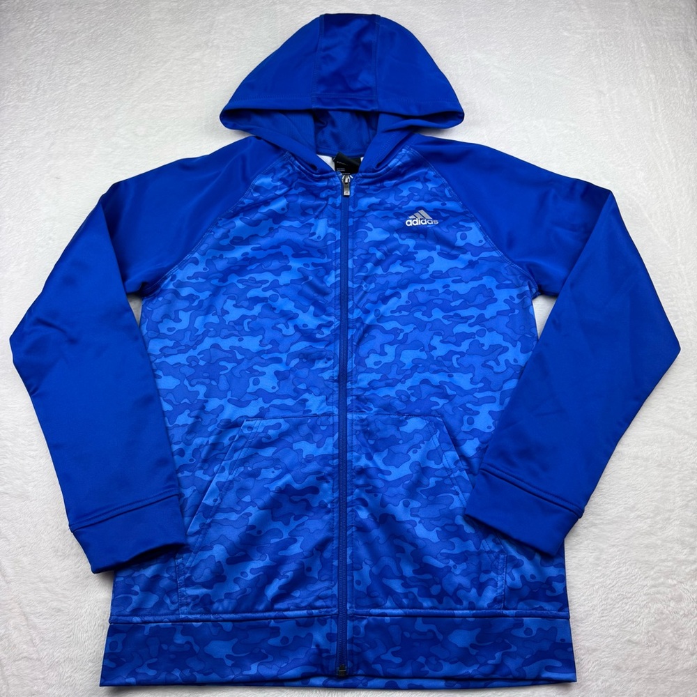 Adidas big boy blue full-zip hoodie. Blue camouflage pattern. Boys size XL (18).